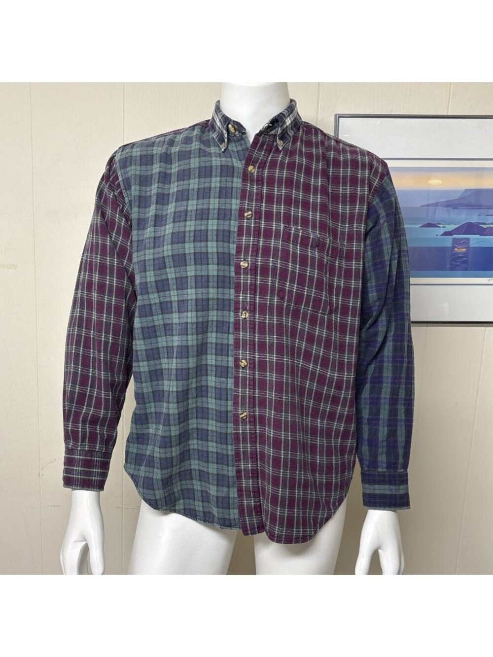 GreatLand Grunge Patchwork Shirt Mens M Green Red Blue Plaid Flannel Long Sleeve